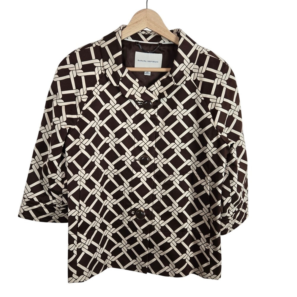 Banana Republic Jacket Brown Cream Lattice 3/4 Sleeve Cotton‎ Small Button Up